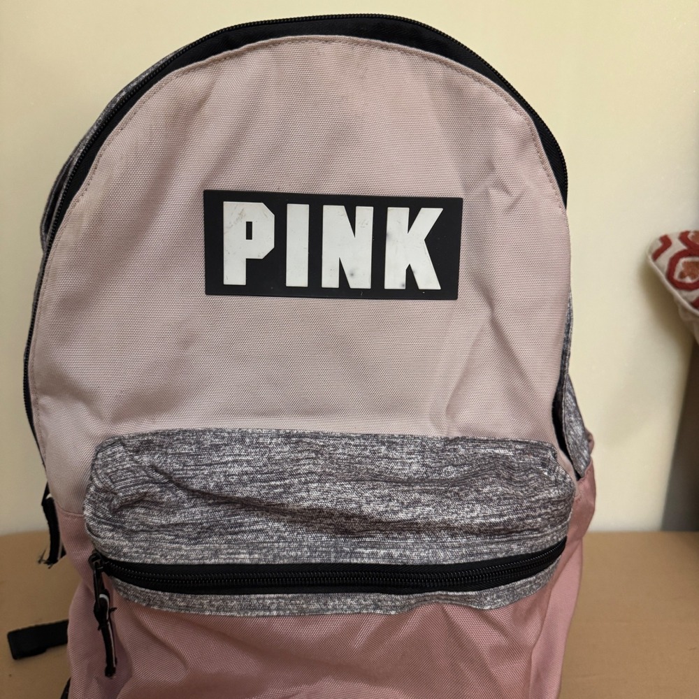 PINK Victoria's Secret Backpack Rose Gold‎ Grey Black Logo School Bag - Picture 2 of 10